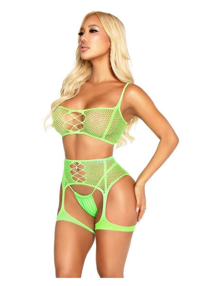 Neon Green Fishnet Bra Top With Garter Harness Set