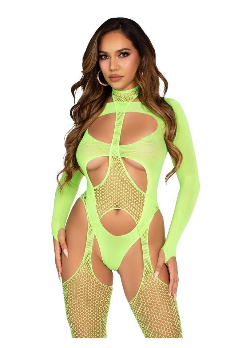 Neon Green Fishnet Halter Suspender Bodystocking