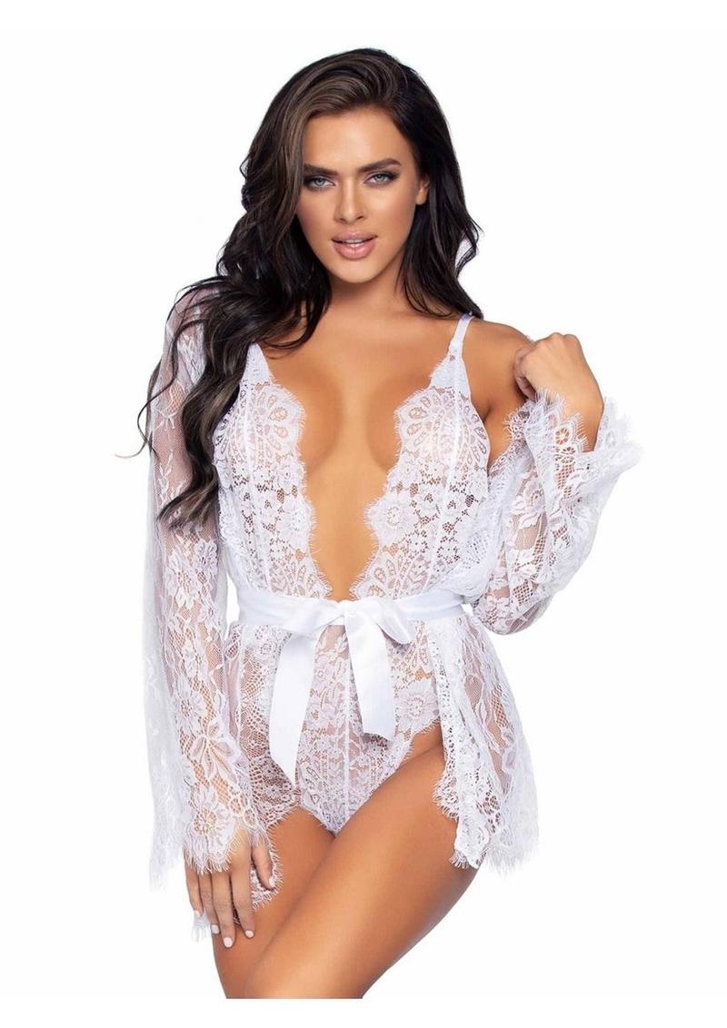 Floral Lace Teddy with Adjustable Straps and Satin Tie