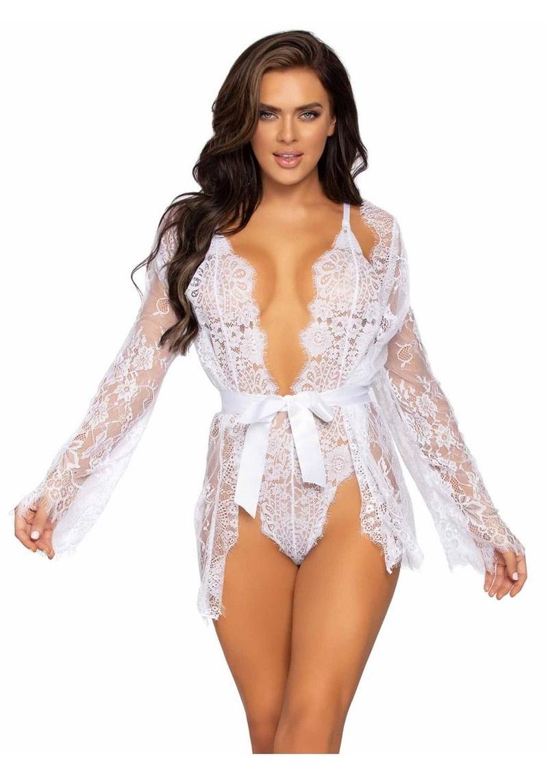 Floral Lace Teddy with Adjustable Straps and Satin Tie