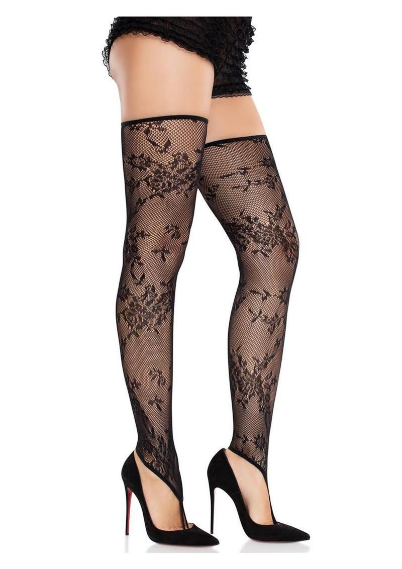 Floral Net Toe Loop Footless Thigh Highs