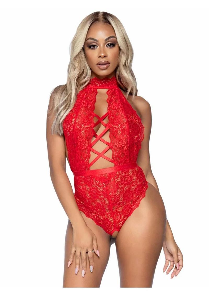 High Neck Floral Lace Backless Teddy With Lace-Up Accent
