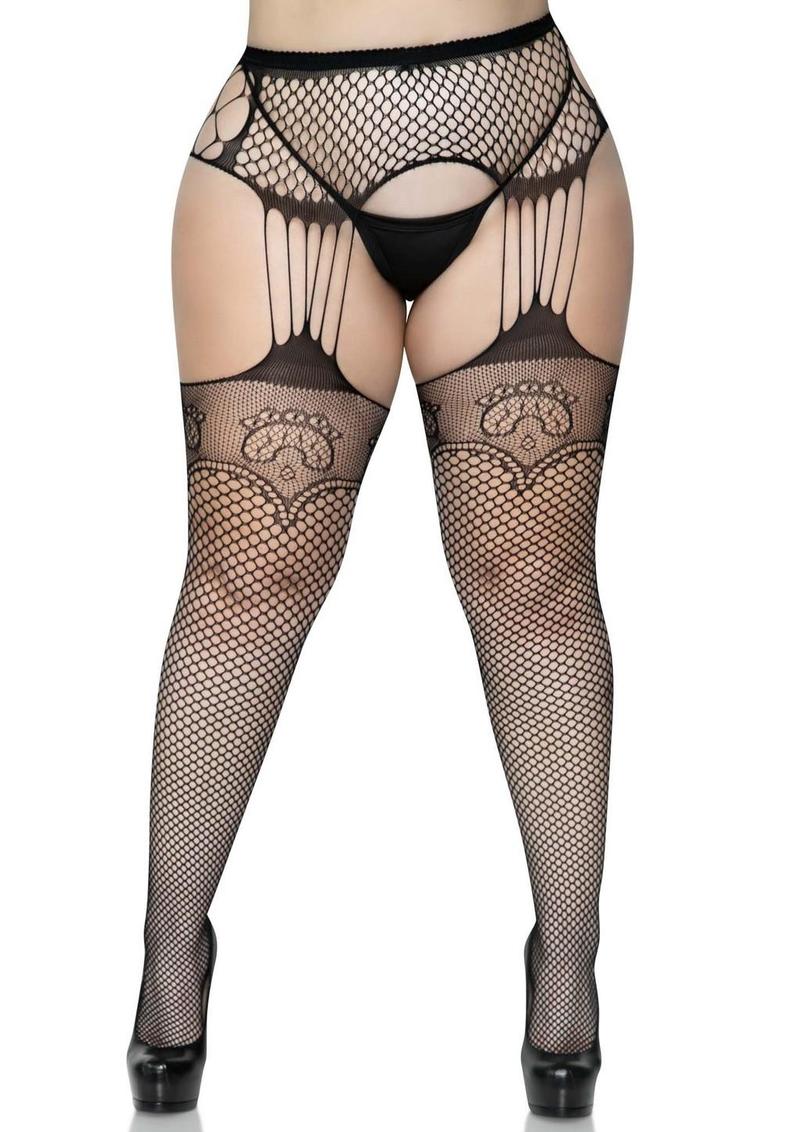 Leg Avenue Industrial Net Stocking Duchess Lace Top and Attached