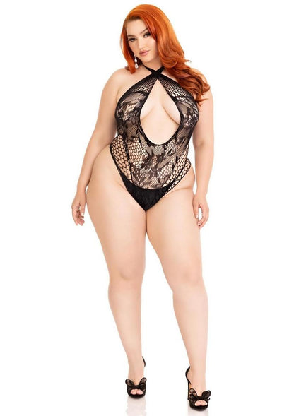 Black Lace and Net Keyhole Crossover Halter Teddy
