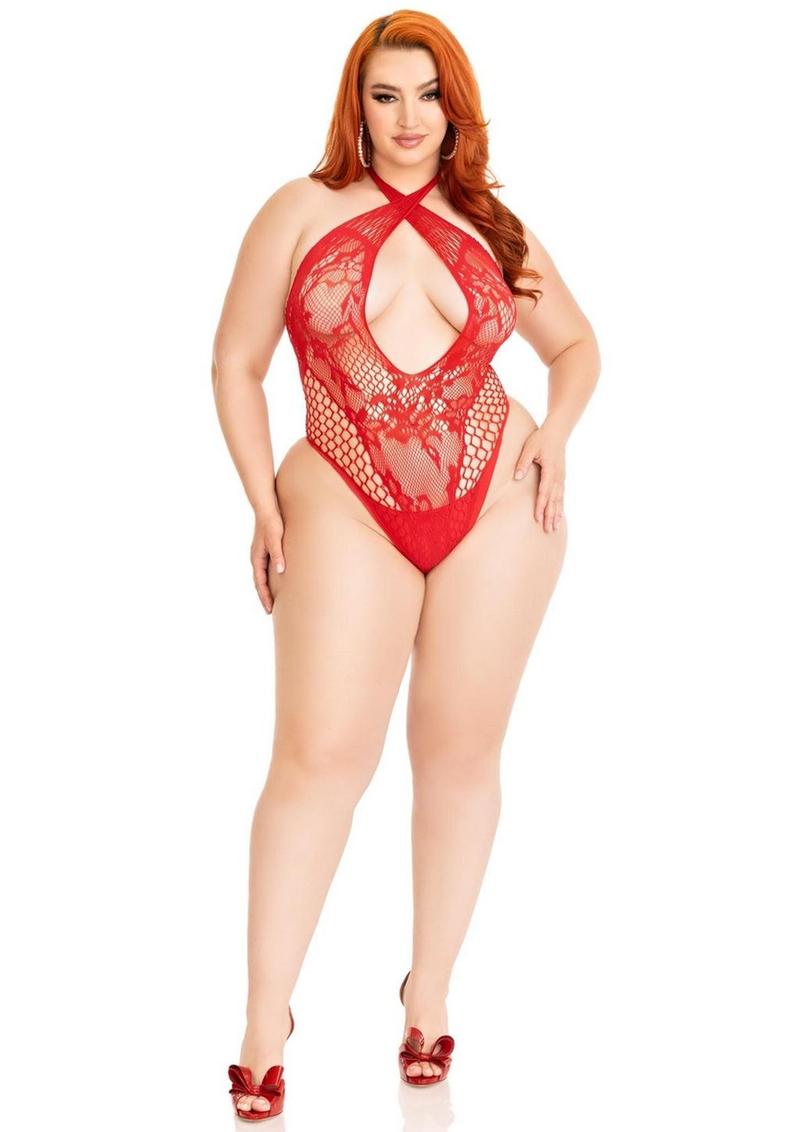 Leg Avenue Lace and Net Keyhole Crossover Halter Versatile Teddy
