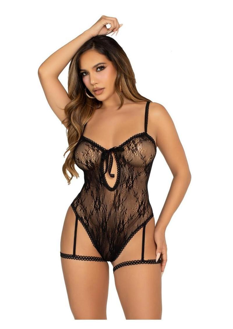 Leg Avenue Lace Garter Teddy Keyhole Front Crossover Back Straps