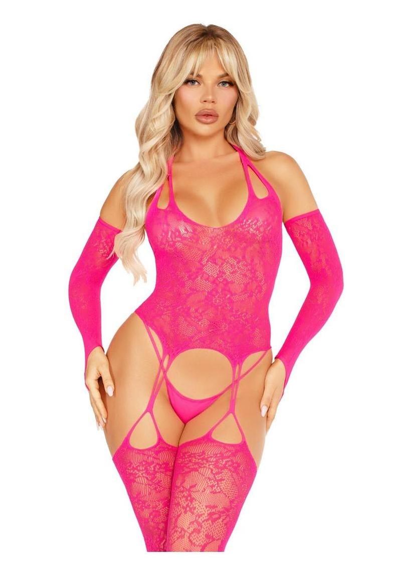 Halter Lace Footless Cami Garter Bodystocking With Toe Loops