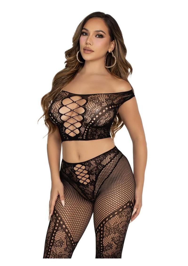 Net With Lace Off Shoulder Crop Top And Footless Tights Set