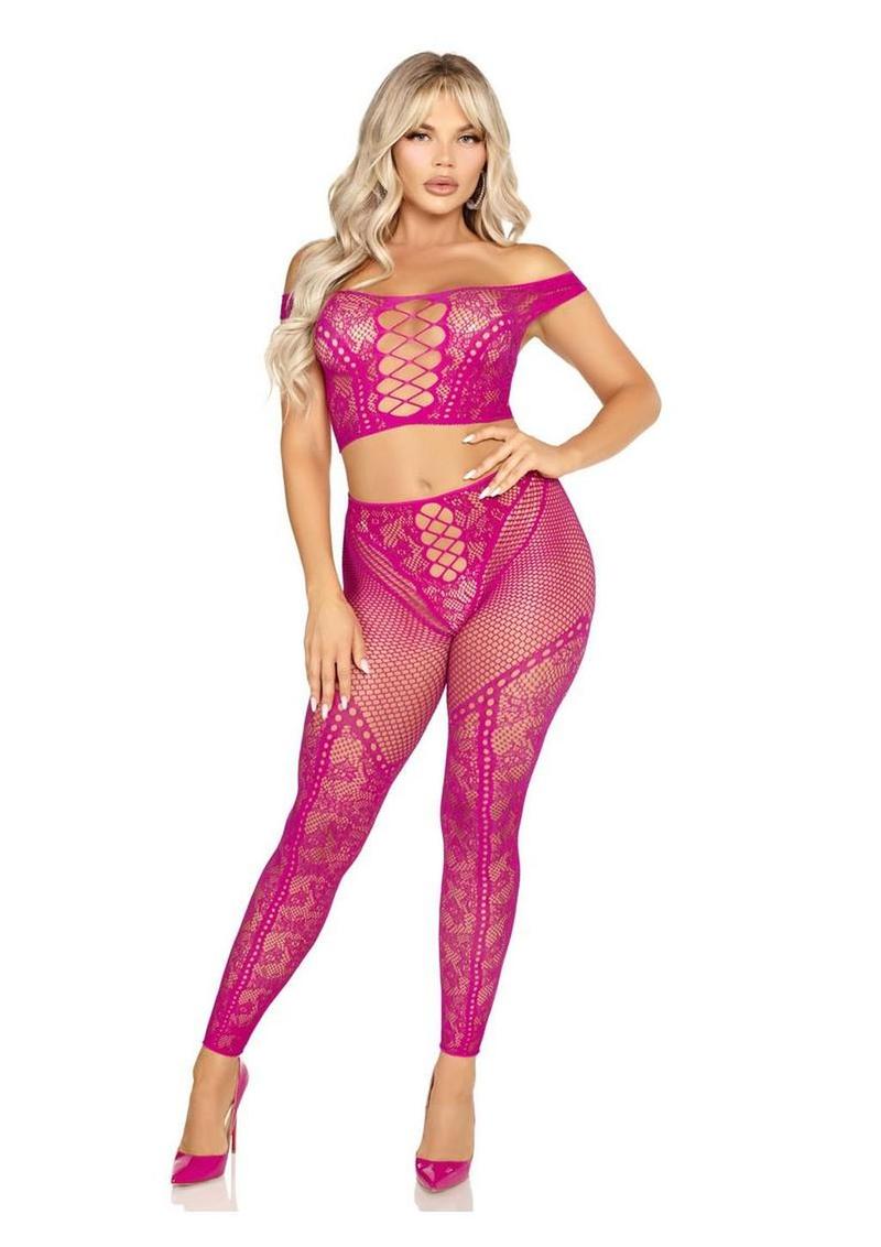 Net With Lace Off Shoulder Crop Top And Footless Tights Set