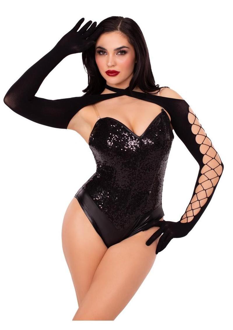 Black Net &amp; Opaque Crossover Halter Shrug With Gloves
