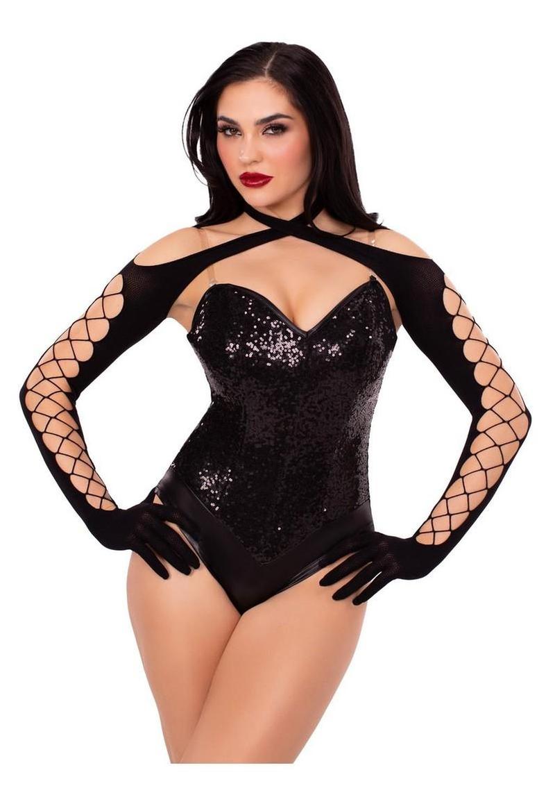 Black Net &amp; Opaque Crossover Halter Shrug With Gloves