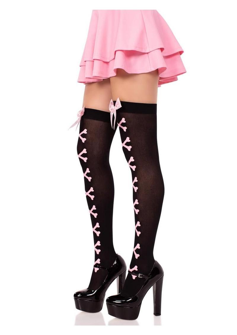 Opaque Crossbone Thigh High Stockings With Satin Bows