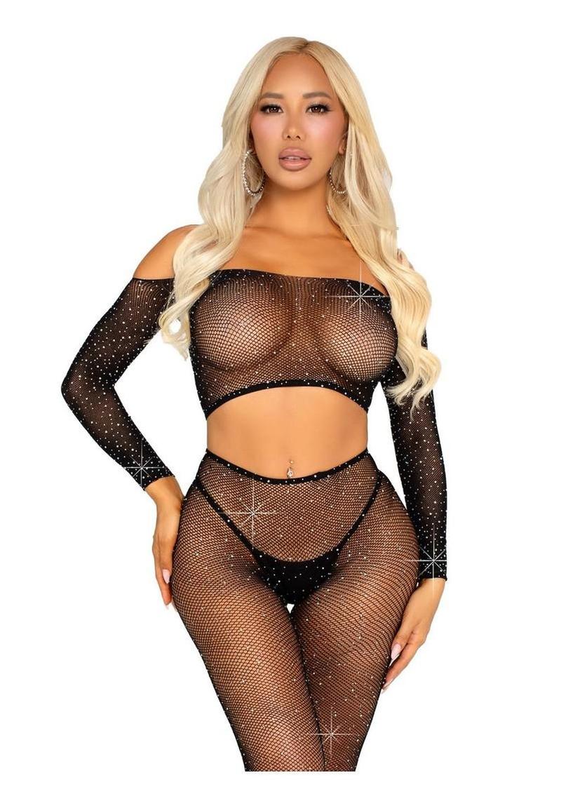 Leg Avenue Rhinestone Fishnet Crop Top and Footless Tights