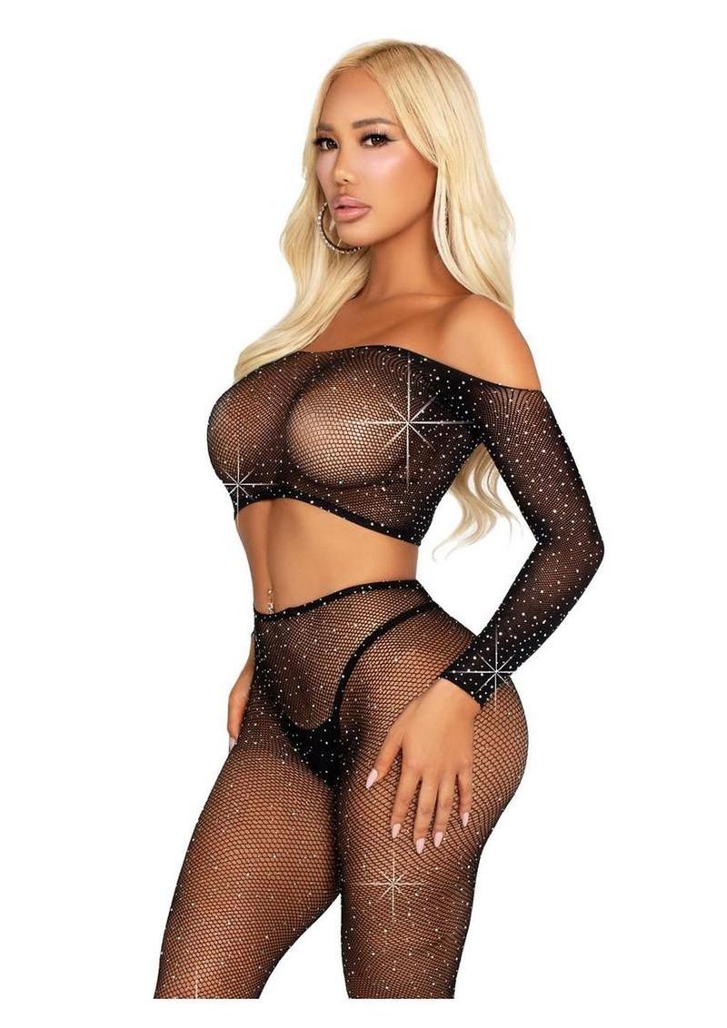Leg Avenue Rhinestone Fishnet Crop Top and Footless Tights