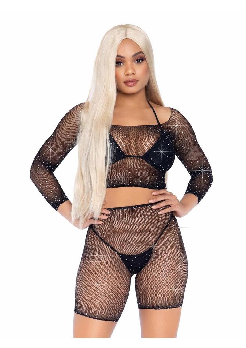 Leg Avenue Rhinestone Fishnet Long Sleeve Crop Top
