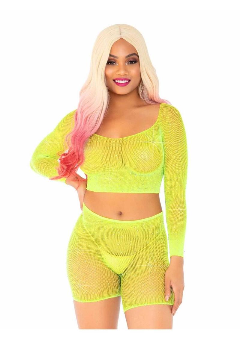 Leg Avenue Rhinestone Fishnet Long Sleeve Crop Top