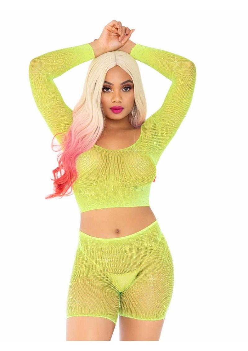 Leg Avenue Rhinestone Fishnet Long Sleeve Crop Top