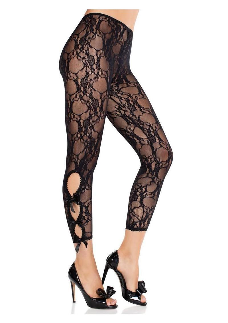 Scalloped Floral Lace Footless Capri Tights With Bows