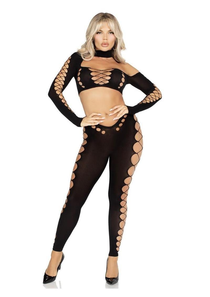 Seamless Asymmetrical Cut Out Crop Top And Footless Tights