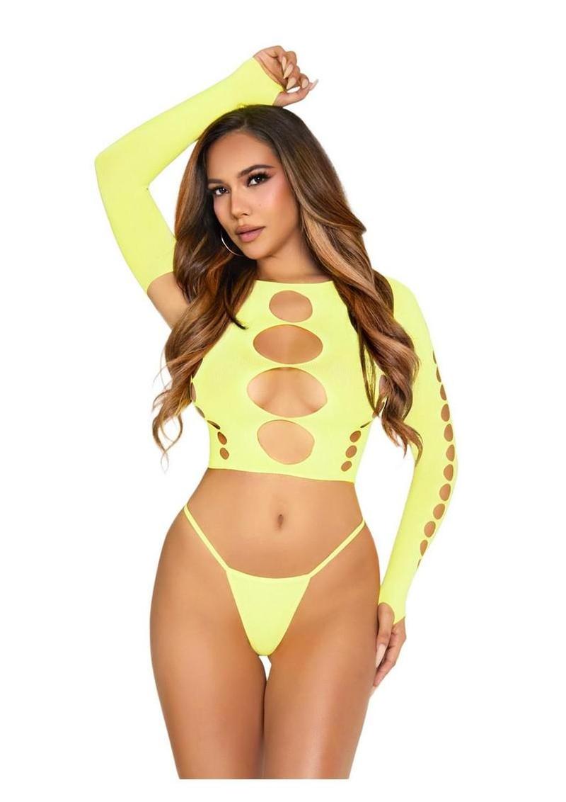 Seamless Cut Out Long Sleeve Crop Top and G-String Panty