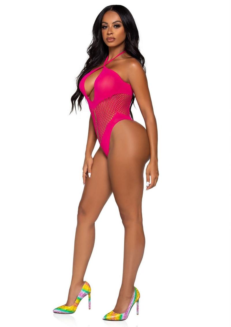 Neon Orange Seamless Hexi-Net Keyhole Halter Bodysuit