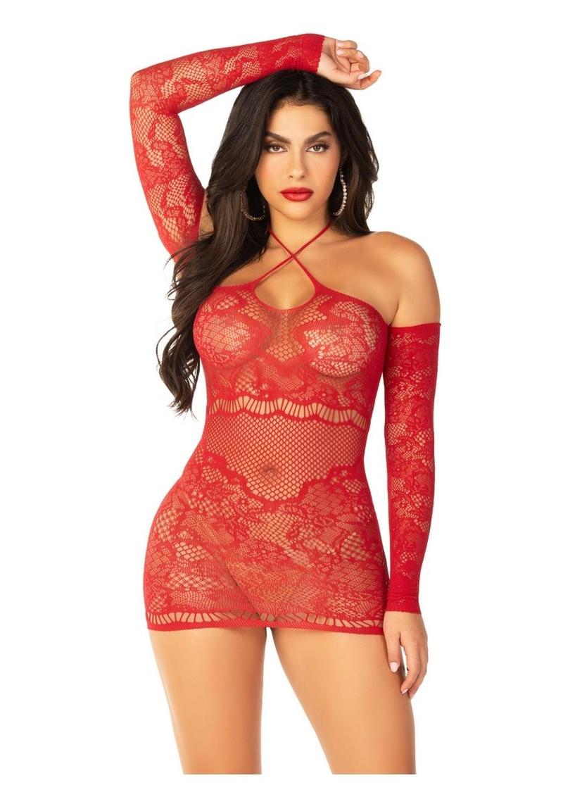 Seductive Lace Net Off-Shoulder Mini Dress with Halter Strap