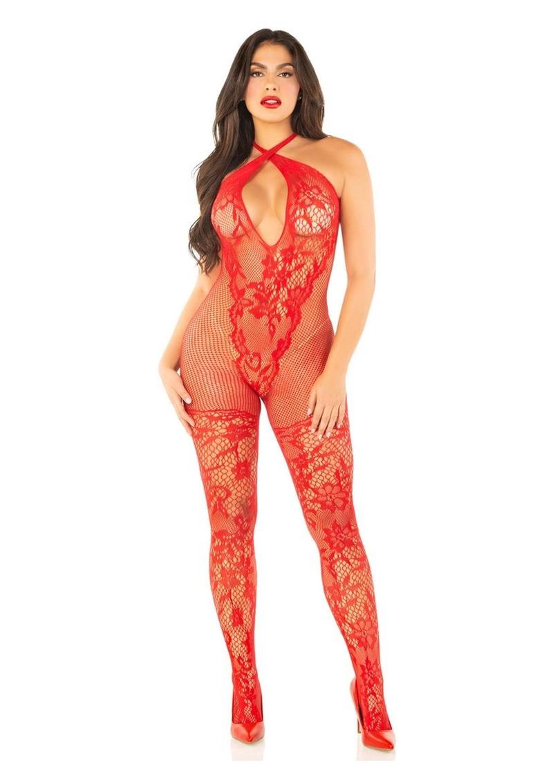 Seamless Net &amp; Lace Jumpsuit with Halter Keyhole