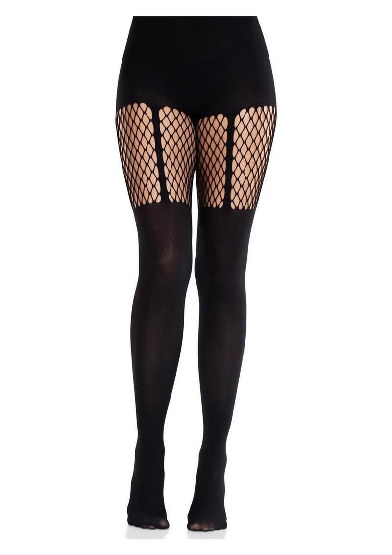 Leg Avenue Seamless Opaque Garter Illusion Tights With Net Thighs