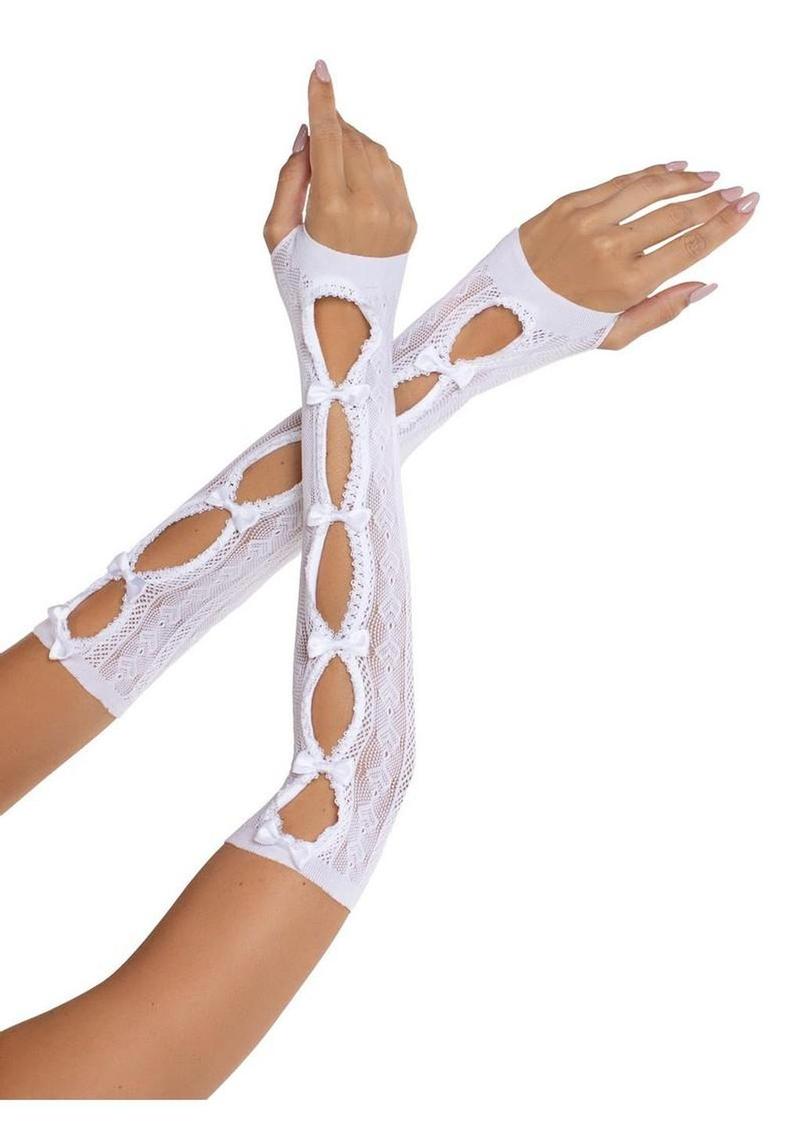 Sweetheart White Lace Keyhole Arm Warmers With Bows