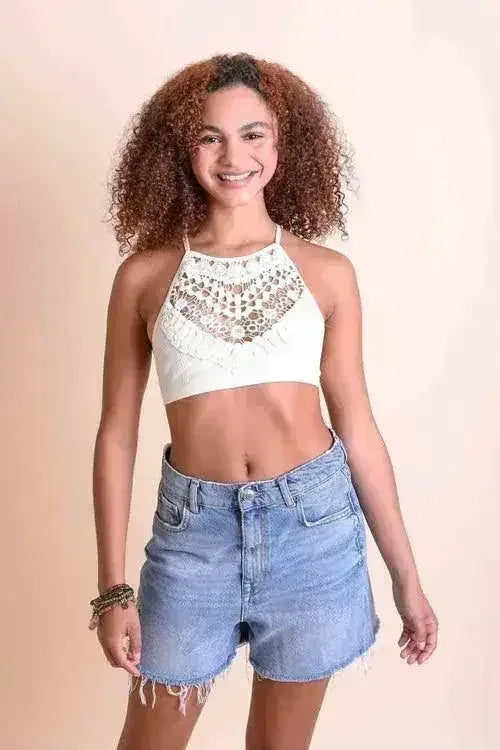 Crochet Lace High Neck Bralette – Halter Style with Cross-Back