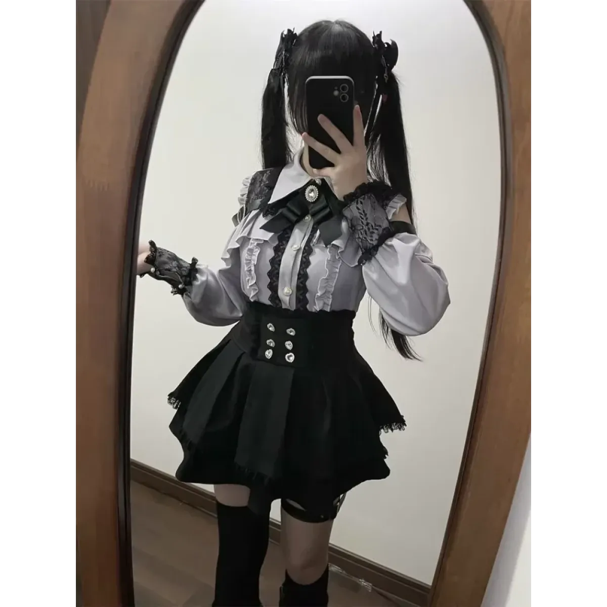 Lolita Harajuku Set – Lace Blouse &amp; High Waist Skirt