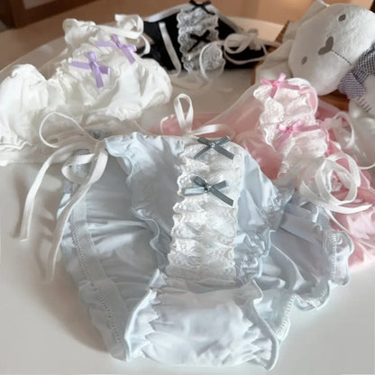 Lolita Lace Ruffle Bow Panties – Cute Low Waist Tie-Up Briefs