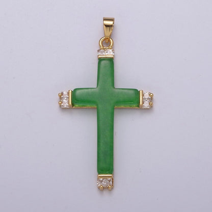 Long Green Jade Cross Pendant for Necklace 24K Gold Filled Cross AH-345