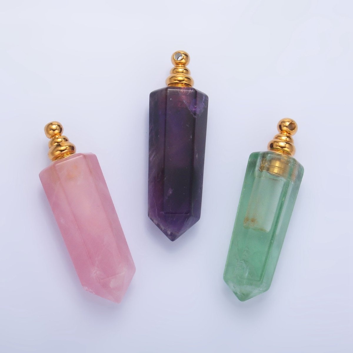 Long Pointed Crystal Vial Perfume Bottle Charm Rose Quartz Amethyst Aventurine Gemstone Essential Oil Bottle Pendant
