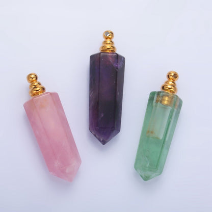 Long Pointed Crystal Vial Perfume Bottle Charm Rose Quartz Amethyst Aventurine Gemstone Essential Oil Bottle Pendant