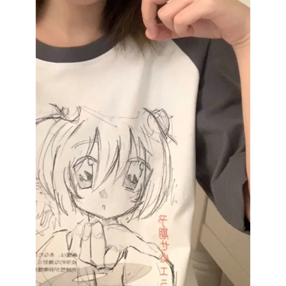 Loose Fit Cartoon Print T-Shirt Harajuku