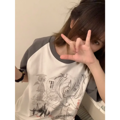 Loose Fit Cartoon Print T-Shirt Harajuku