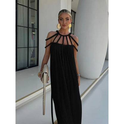 Loose Sleeveless Maxi Beach Dress: Off-Shoulder Crochet Cut-Out Design