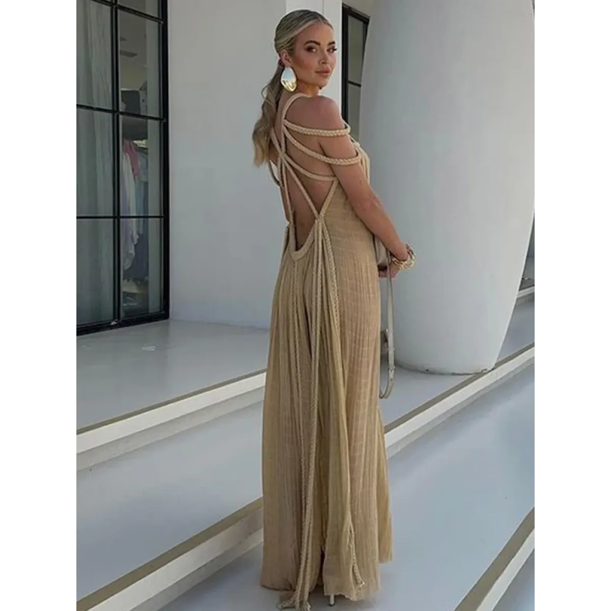 Loose Sleeveless Maxi Beach Dress: Off-Shoulder Crochet Cut-Out Design