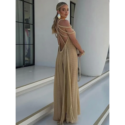 Loose Sleeveless Maxi Beach Dress: Off-Shoulder Crochet Cut-Out Design