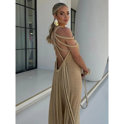 Loose Sleeveless Maxi Beach Dress: Off-Shoulder Crochet Cut-Out Design