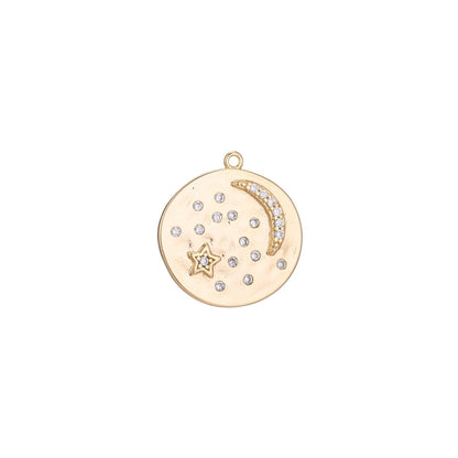 14K Gold Filled Micro Paved CZ Dotted Celestial Star Moon Round Charm | C341