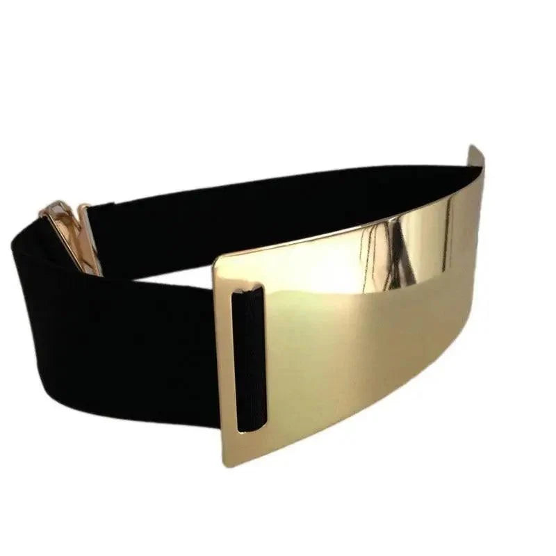 Luxurious Gold Wide Strap Elastic Belts For Women Elegant Metal Polished Plain Gold Belt Black Wide Strap Waistband for Women