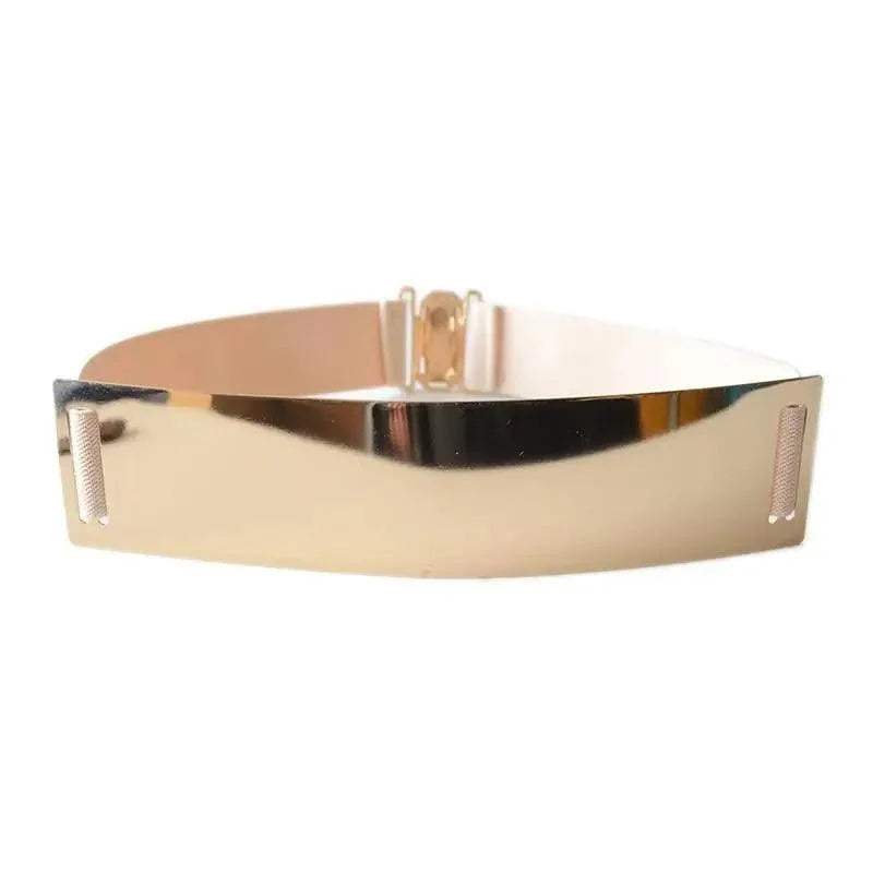 Luxurious Gold Wide Strap Elastic Belts For Women Elegant Metal Polished Plain Gold Belt Black Wide Strap Waistband for Women