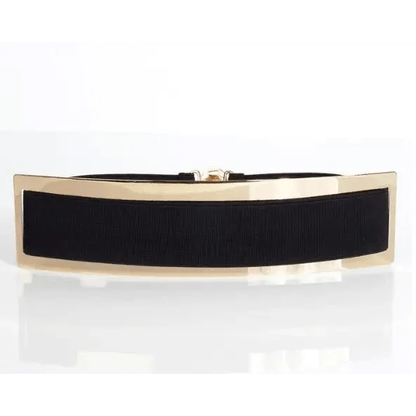 Luxurious Gold Wide Strap Elastic Belts For Women Elegant Metal Polished Plain Gold Belt Black Wide Strap Waistband for Women