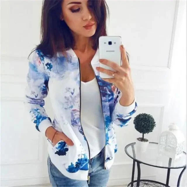Luxurious Women Floral Jackets Spring Summer Long Sleeve Zipper Print Bomber Jacket Casual Pocket Slim Female Fashion Outwears Plus Size
