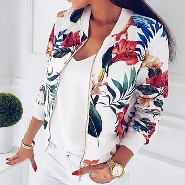 Luxurious Women Floral Jackets Spring Summer Long Sleeve Zipper Print Bomber Jacket Casual Pocket Slim Female Fashion Outwears Plus Size