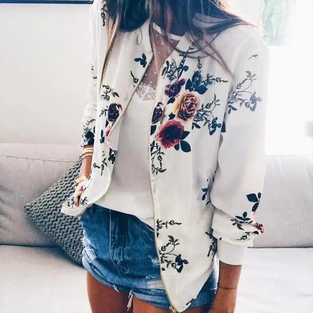 Luxurious Women Floral Jackets Spring Summer Long Sleeve Zipper Print Bomber Jacket Casual Pocket Slim Female Fashion Outwears Plus Size