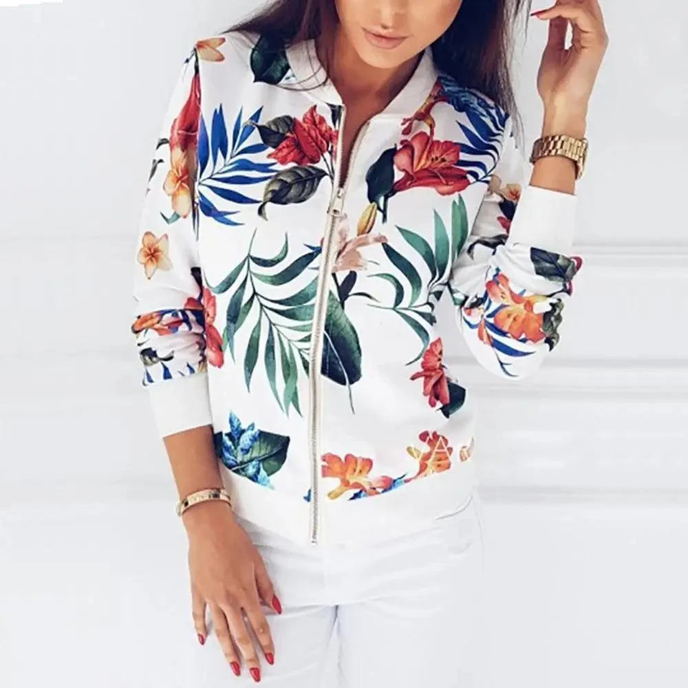 Luxurious Women Floral Jackets Spring Summer Long Sleeve Zipper Print Bomber Jacket Casual Pocket Slim Female Fashion Outwears Plus Size