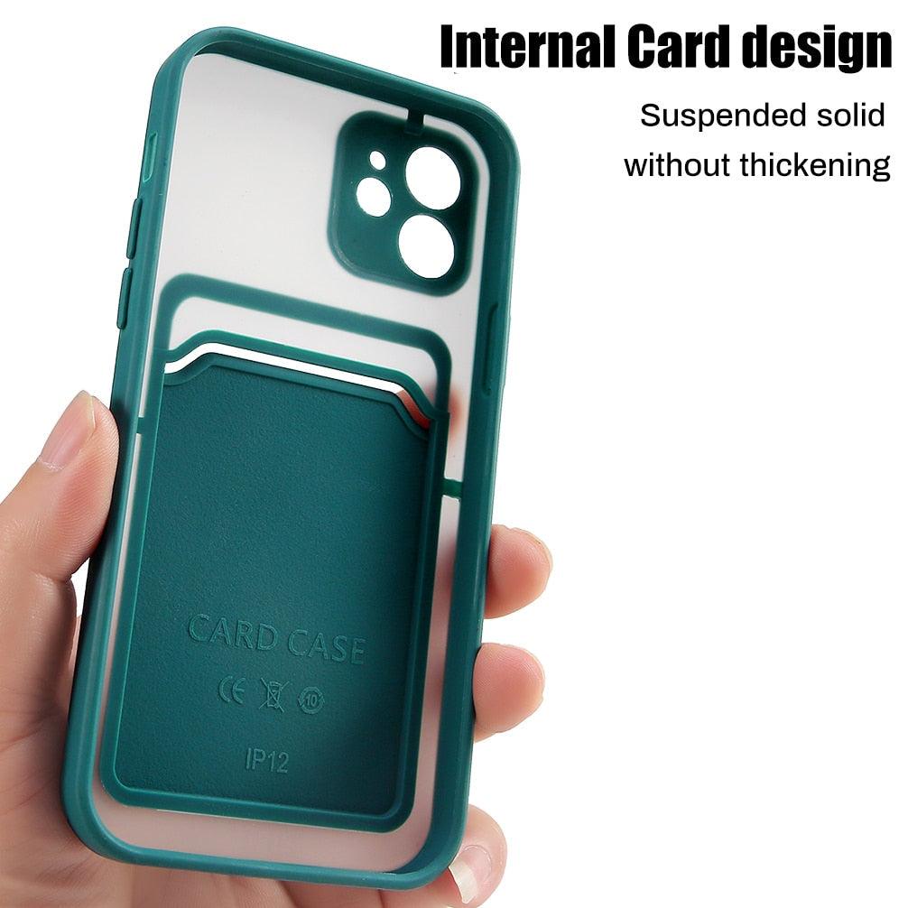 Luxury Card Holder Wallet Case For iPhone 11 Pro Max 12 Mini X XR 7 8 Plus XS Max Hard Solid Color Clear Protection Cover  Soft Silicone Shockproof Back Cover